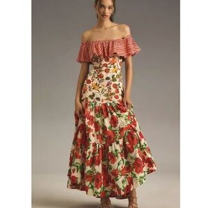 Maeve Off-the-Shoulder Mixed-Print Midi Dress